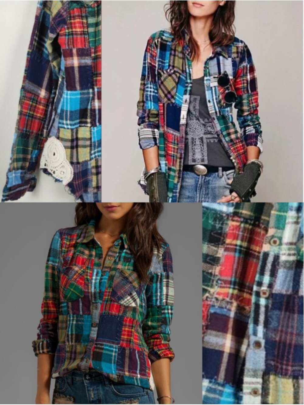 Free People Lost in Plaid Patchwork Flannel Cotton Buttondown Sz M Boho Comfy